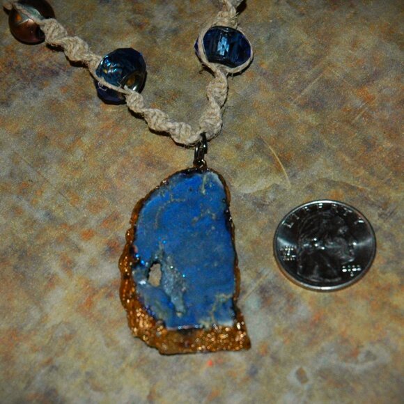 Unique Blue Metallic Stone on a 15 1/4" Handmade Brown Hemp Choker - Picture 3 of 4